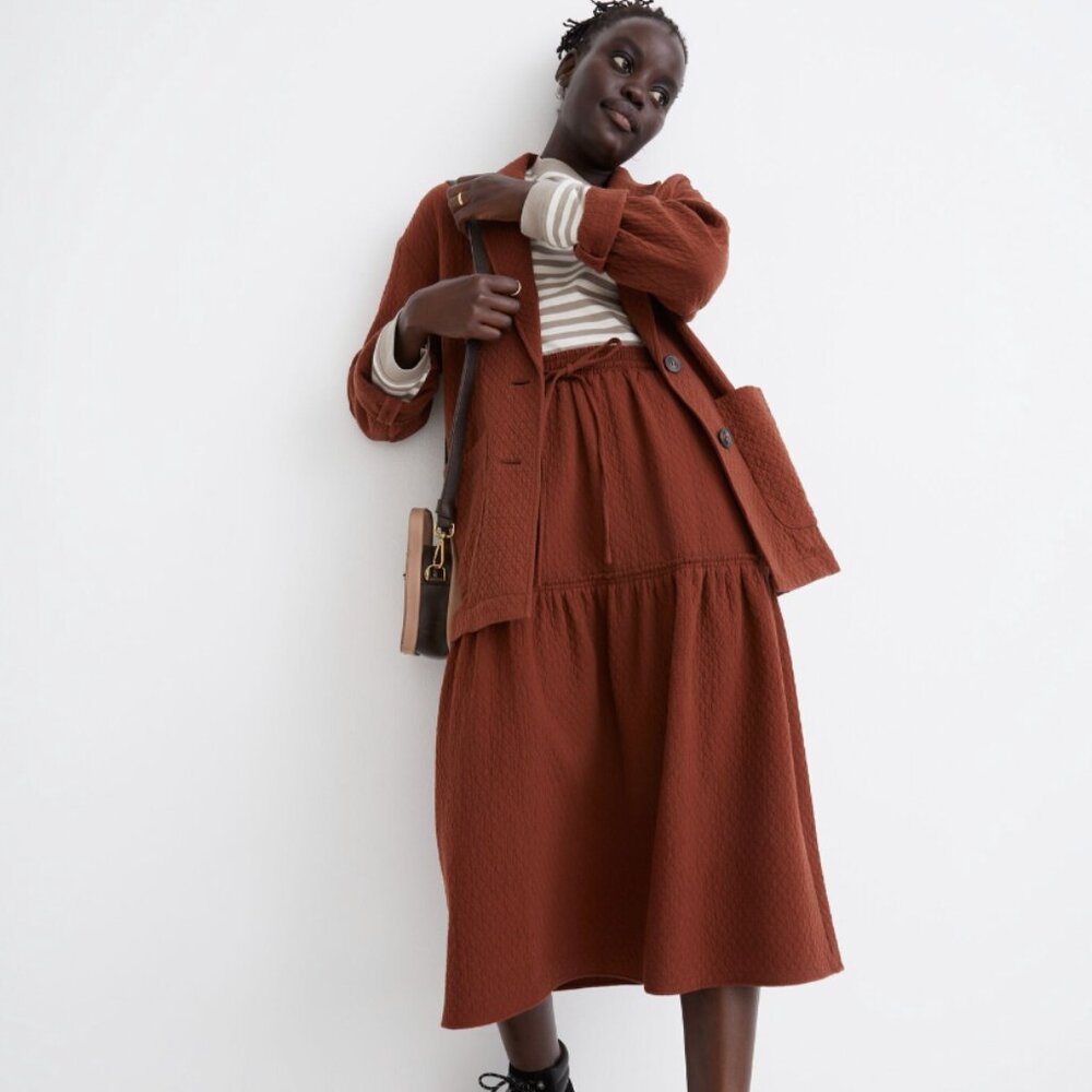 Madewell Diamond Jacquard Drawstring Midi Skirt in Color Stained Mahogany,Size M